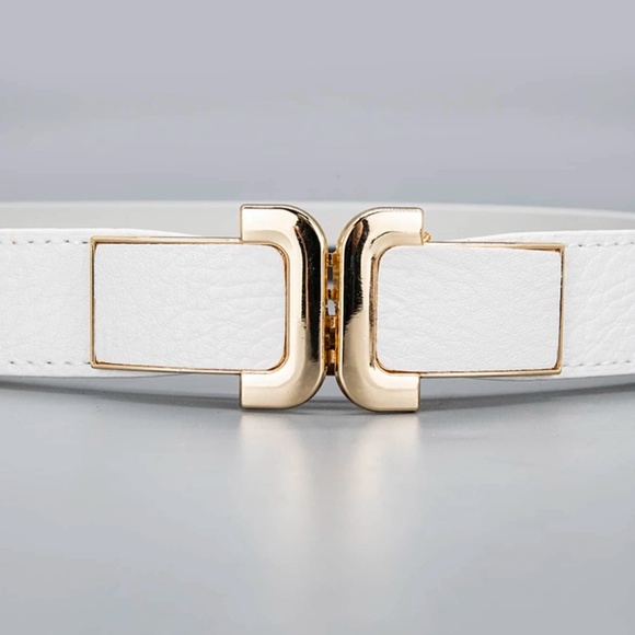 White Faux, Vegan Leather Detail Gold Tone Buckle Elastic Skinny Belt - Picture 3 of 3